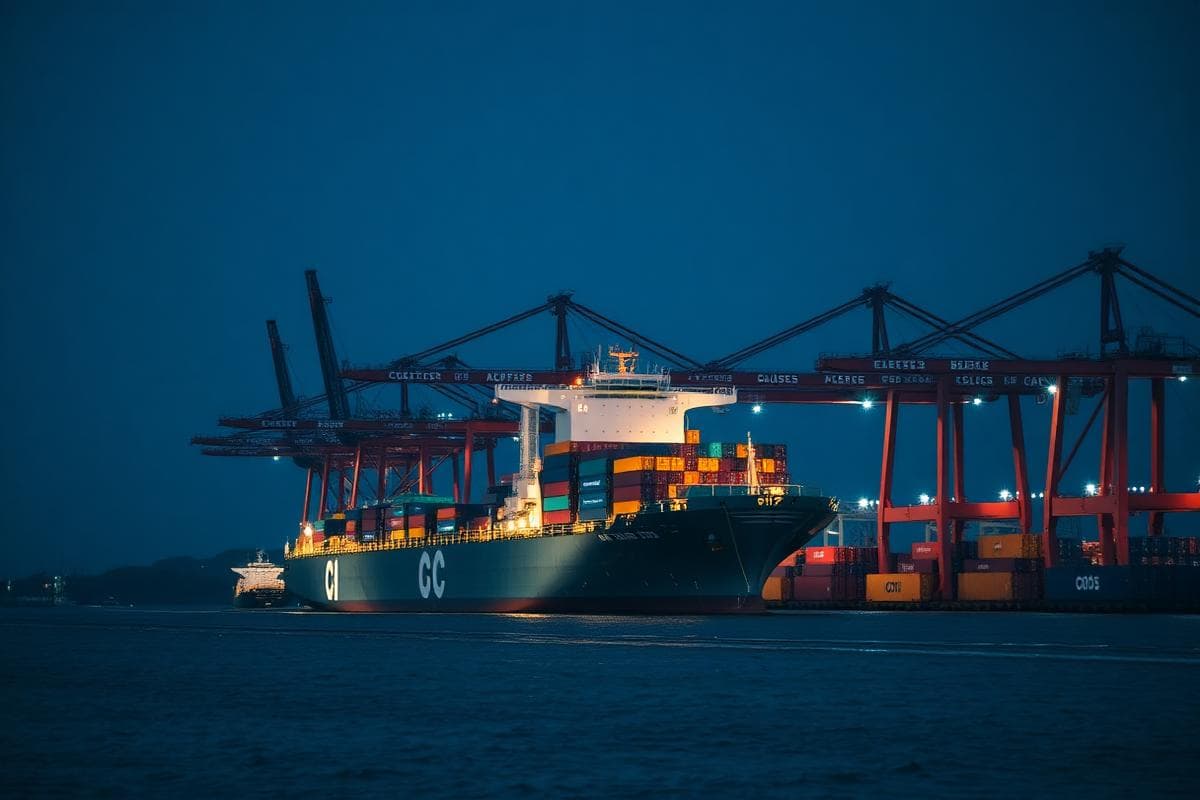 Container ship loading cargo at port